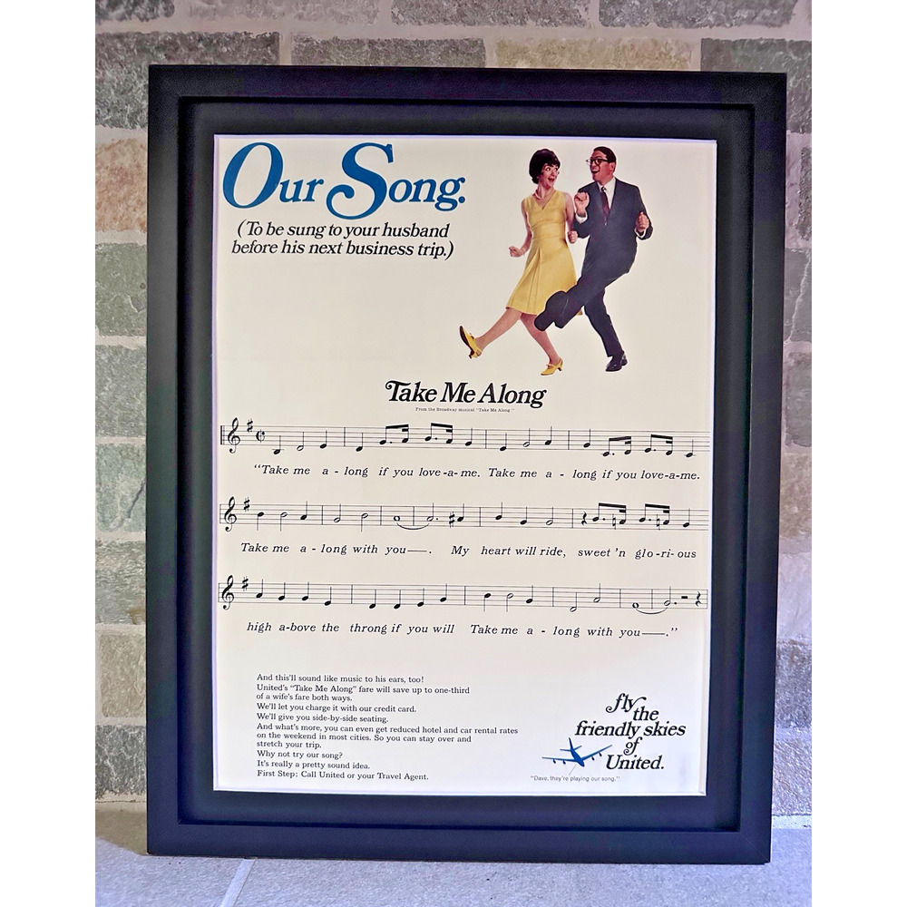 Framed 1967 United Airlines Our Song Take Me Along Vintage Print Ad